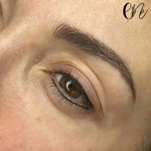 Close-up of healed microbladed eyebrows showing defined arch